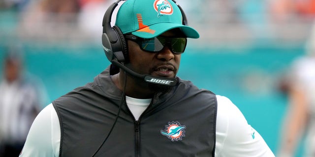 Head coach Brian Flores of the Miami Dolphins on the sidelines in the game against the Indianapolis Colts at Hard Rock Stadium on October 03, 2021 in Miami Gardens, Florida.