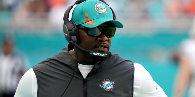 Head coach Brian Flores of the Miami Dolphins on the sidelines in the game against the Indianapolis Colts at Hard Rock Stadium on October 03, 2021 in Miami Gardens, Florida.