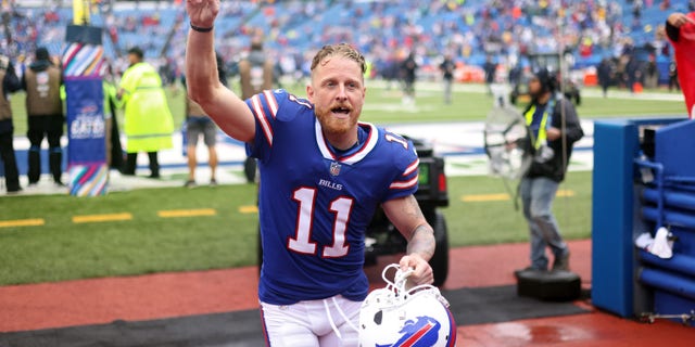 Cole Beasley #11 of the Buffalo Bills acknowledges the fans as he leaves the field after the Bills defeated the Texans 40-0 at Highmark Stadium on October 03, 2021 in Orchard Park, New York.