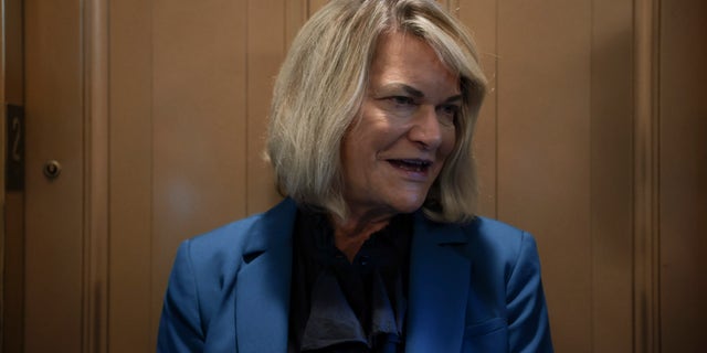 Sen. Cynthia Lummis (R-WY) speaks with reporters after attending a luncheon with Senate Republicans at the U.S. Capitol Building Oct. 7, 2021 in Washington, D.C. (Photo by Anna Moneymaker/Getty Images)