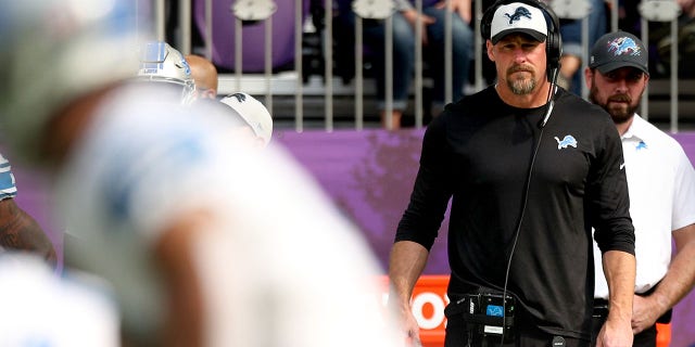 Head coach Dan Campbell of the Detroit Lions looks on during the first quarter against the Minnesota Vikings at U.S. Bank Stadium on October 10, 2021 in Minneapolis, Minn.