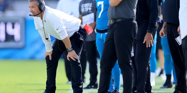 Head coach Urban Meyer of the Jacksonville Jaguars looks on during the game against the Tennessee Titans at TIAA Bank Field on Oct. 10, 2021 in Jacksonville, Florida.