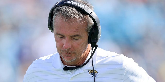Head coach Urban Meyer of the Jacksonville Jaguars looks on during the game against the Tennessee Titans at TIAA Bank Field on October 10, 2021 in Jacksonville, Florida.