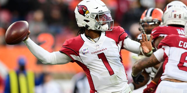 Kyler Murray #1 of the Arizona Cardinals throwing the ball during the fourth quarter against the Cleveland Browns at FirstEnergy Stadium on Oct. 17 in Cleveland.