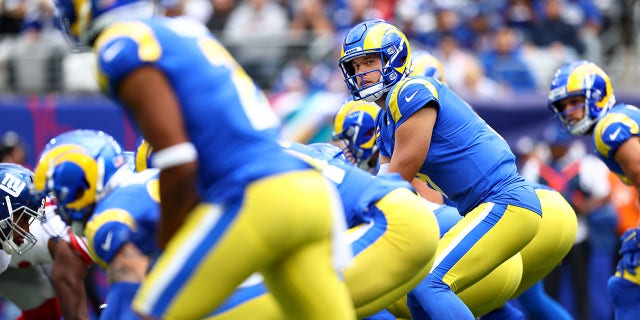 Matthew Stafford #9 of the Los Angeles Rams in action against the New York Giants during a game at MetLife Stadium on October 17, 2021 in East Rutherford, New Jersey.