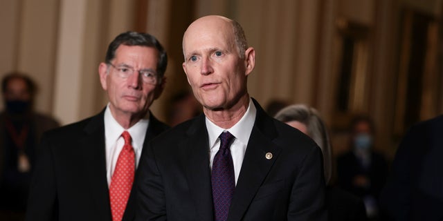 WASHINGTON, DC - OCTOBER 19: Sen. Rick Scott (R-FL) addresses reporters following a weekly Republican policy luncheon at the U.S. Capitol on October 19, 2021 in Washington, DC. Members of the Senate Republican leadership spoke on a range of topics including inflation, the 2022 midterm elections and the  Internal Revenue Service. (Photo by Anna Moneymaker/Getty Images)