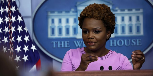 WASHINGTON, DC - OCTOBER 21: Principal Deputy White House Press Secretary Karine Jean-Pierre speaks during a daily White House news briefing at the James Brady Press Briefing Room of the White House (Photo by Alex Wong/Getty Images)