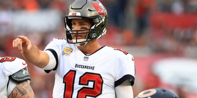 Tom Brady of the Tampa Bay Buccaneers calls out instructions in the second quarter against the Chicago Bears Oct. 24, 2021 in Tampa, Fla. 