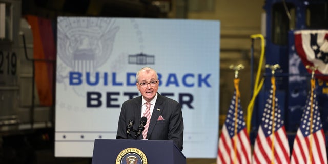 KEARNY, NEW JERSEY - OCTOBER 25: Murphy speaks about Biden's Bipartisan Infrastructure Deal and Build Back Better Agenda at the NJ Transit Meadowlands Maintenance Complex on October 25, 2021. (Photo by Michael M. Santiago/Getty Images)