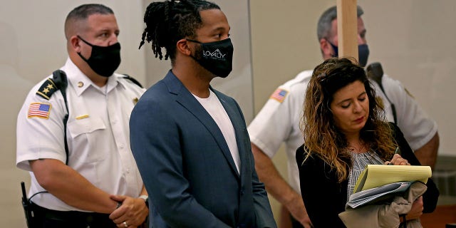 QUINCY MA - October 26: Former New England Patriot Patrick Chung during his arraignment at Quincy District Court for domestic violence charges involving the mother of one of his children on October 26, 2021 in Quincy, Massachusetts.