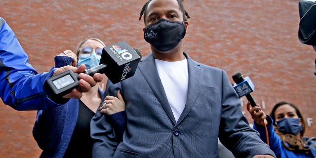 QUINCY MA - October 26: Former New England Patriot Patrick Chung leaves Quincy District Court after his arraignment on domestic violence charges involving the mother of one of his children on October 26, 2021 in Quincy, Massachusetts.