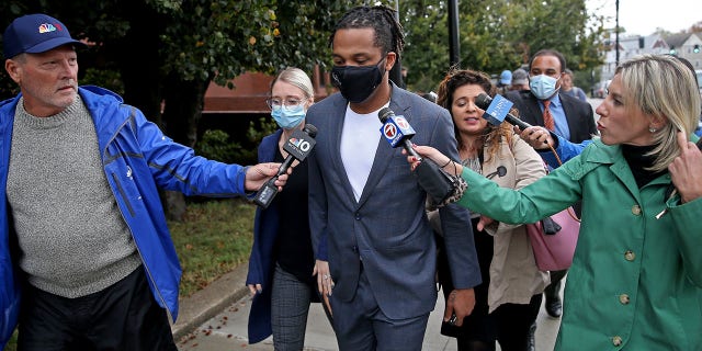 QUINCY MA - October 26: Former New England Patriot Patrick Chung leaves Quincy District Court after his arraignment on domestic violence charges involving the mother of one of his children on October 26, 2021 in Quincy, Massachusetts.
