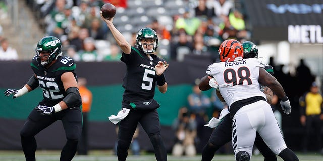 Mike White of the New York Jets during the first half in his first career start against the Cincinnati Bengals at MetLife Stadium on Oct. 31, 2021, in East Rutherford, New Jersey.