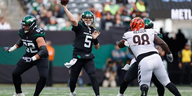 Mike White of the New York Jets during the first half in his first career start against the Cincinnati Bengals at MetLife Stadium on Oct. 31, 2021, in East Rutherford, New Jersey.