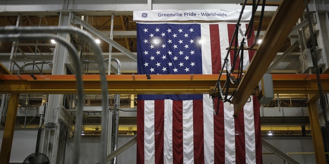 An American flag hangs inside the General Electric Co. (GE) energy plant in Greenville, South Carolina, U.S., on Tuesday, Jan. 10, 2017. General Electric Co. is scheduled to release earnings figures on January 20. Photographer: Luke Sharrett/Bloomberg via Getty Images