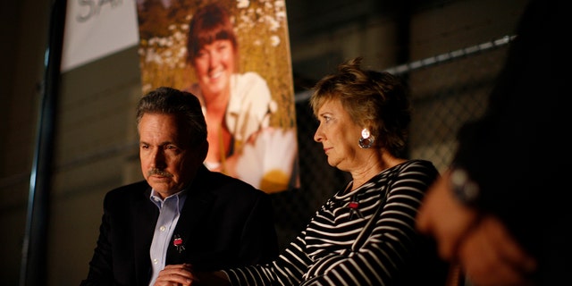 Parents Richard and Elizabeth Jones attend a memorial for their daughter Sarah Jones, an assistant camerawoman who was killed by a train while shooting the Gregg Allman biopic film, ‘Midnight Rider,’ on March 7, 2014 in Los Angeles, California. The remembrance of the 27-year-old camerawoman is organized by members of the International Cinematographers Guild and the production community who want to highlight the importance of safety over a production's schedule or budget. The accident which occurred February 20 on a train trestle over the Altamaha River in Georgia and injured seven other crew members. 