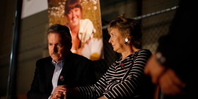 Parents Richard and Elizabeth Jones attend a memorial for their daughter Sarah Jones, an assistant camerawoman who was killed by a train while shooting the Gregg Allman biopic film, ‘Midnight Rider,’ on March 7, 2014 in Los Angeles, California. The remembrance of the 27-year-old camerawoman is organized by members of the International Cinematographers Guild and the production community who want to highlight the importance of safety over a production's schedule or budget. The accident which occurred February 20 on a train trestle over the Altamaha River in Georgia and injured seven other crew members.