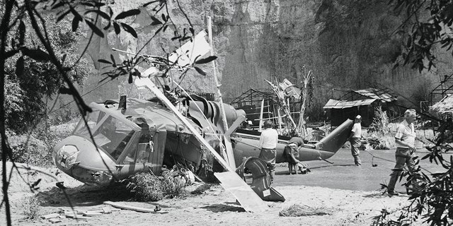 The Bell helicopter crew begin here to disassemble the helicopter that crashed, killing veteran actor Vic Morrow and two child actors on the movie set, ‘The Twilight Zone’.