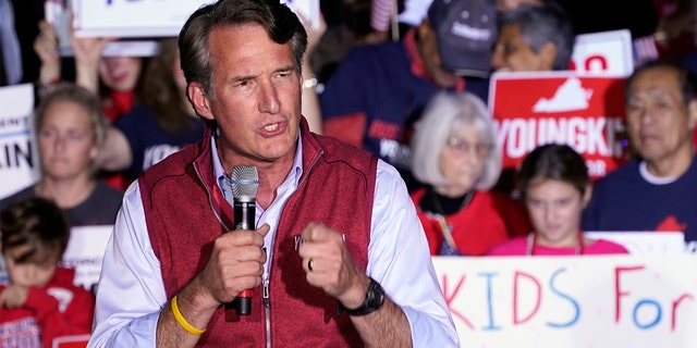 Republican gubernatorial candidate Glenn Youngkin speaks during a rally in Glen Allen, Va., Saturday, Oct. 23, 2021. Youngkin will face Democrat Terry McAuliffe in the November election. (AP Photo/Steve Helber)