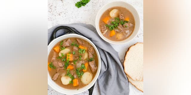 This beef stew recipe includes diced beef, brown onions, carrots and potatoes.