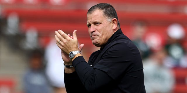 Head coach Greg Schiano of the Rutgers Scarlet Knights before a game against the Michigan State Spartans at SHI Stadium on October 9, 2021 in Piscataway, New Jersey.