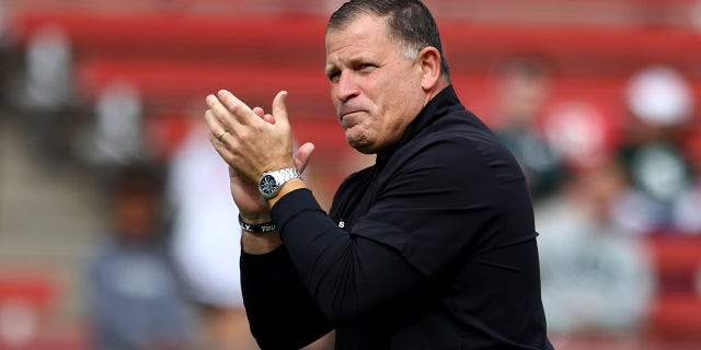 Head coach Greg Schiano of the Rutgers Scarlet Knights before a game against the Michigan State Spartans at SHI Stadium on October 9, 2021 in Piscataway, New Jersey.