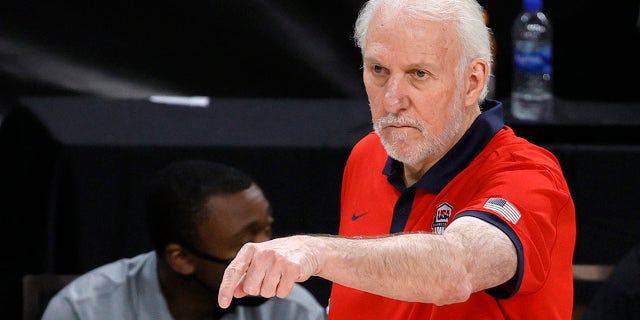 Head coach Gregg Popovich of the United States gestures during an exhibition game against Spain at Michelob ULTRA Arena ahead of the Tokyo Olympic Games on July 18, 2021 in Las Vegas, Nevada. The United States defeated Spain 83-76.