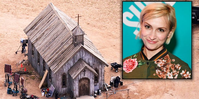 This aerial photo shows church on the Bonanza Creek Ranch in Santa Fe, N.M., where the shooting took place.