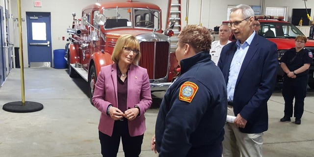 Sen. Maggie Hassan speaks to New Hampshire fire fighters about combating substance misuse crisis. (Courtesy Senator Hassan's office.)