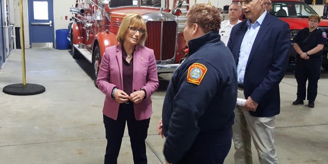 Sen. Maggie Hassan speaks to New Hampshire fire fighters about combating substance misuse crisis. (Courtesy Senator Hassan's office.)