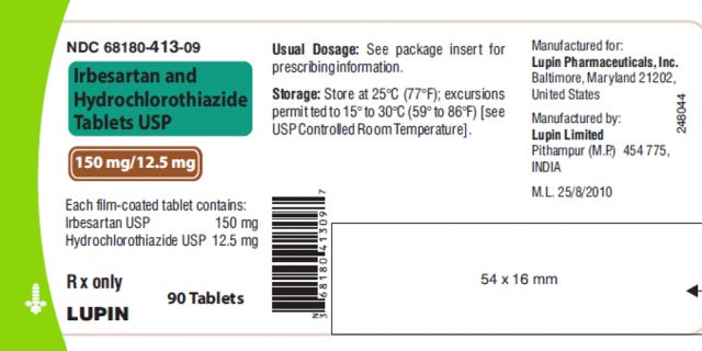 Lupin Pharmaceuticals, Inc. emite recolhimento voluntário em todo o país de todos os comprimidos de Irbesartan e comprimidos de Irbesartan e Hidroclorotiazida devido à presença potencial de impureza N-nitrosoirbesartan