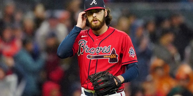 ATLANTA, GA - OCTOBER 29:  Ian Anderson  #36 of the Atlanta Braves walls back to the dugout during Game 3 of the 2021 World Series between the Houston Astros and the Atlanta Braves at Truist Park on Friday, October 29, 2021 in Atlanta, Georgia.