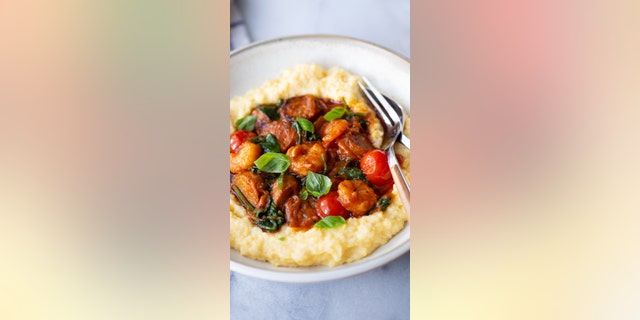 The Italian-style Shrimp and Grits recipe was developed by Rachael Hartley, RD, private practice dietitian and author of Gentle Nutrition.