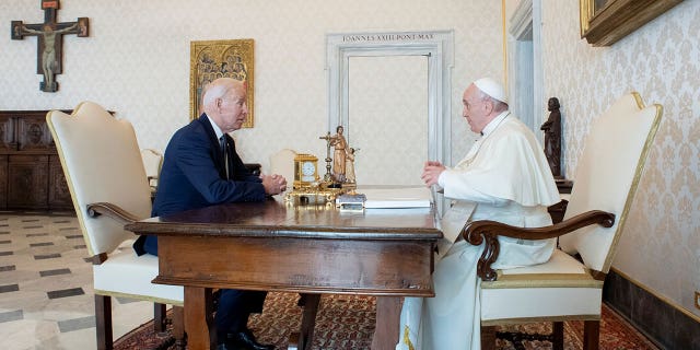 Pope Francis meets U.S. President Joe Biden at the Vatican, October 29, 2021. Vatican Media/Handout via REUTERS
