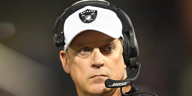 Head coach Jack Del Rio of the Oakland Raiders looks on from the sidelines against the Kansas City Chiefs during their NFL football game at Oakland-Alameda County Coliseum on Oct. 19, 2017, in Oakland, California. 