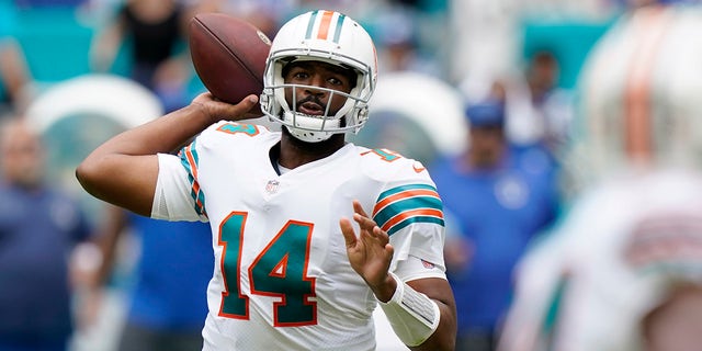 Miami Dolphins quarterback Jacoby Brissett (14) aims for a pass during the first half of an NFL football game against the Indianapolis Colts on Sunday, October 3, 2021, in Miami Gardens, Fla. .