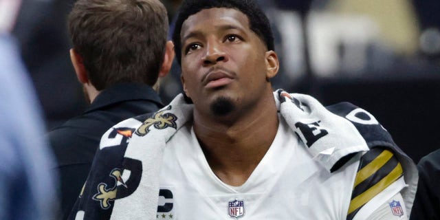 New Orleans Saints quarterback Jameis Winston (2) is carted off the field after being injured in the first half against the Tampa Bay Buccaneers in New Orleans, Sunday, Oct. 31, 2021.