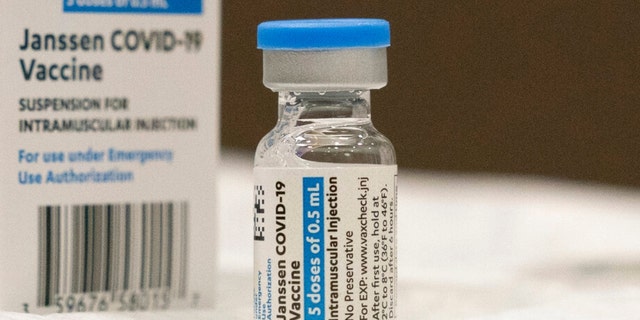 In this March 3, 2021, file photo, a vial of the Johnson &amp; Johnson COVID-19 vaccine is displayed at South Shore University Hospital in Bay Shore, New York. (AP Photo/Mark Lennihan, File)