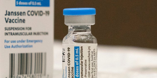 In this March 3, 2021 file photo, a vial of the Johnson &amp; Johnson COVID-19 vaccine is displayed at South Shore University Hospital in Bay Shore, N.Y.