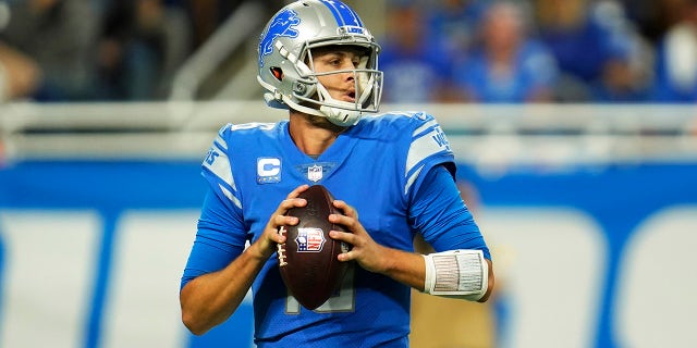 Detroit Lions quarterback Jared Goff looks downfield during the first half of an NFL football game against the Cincinnati Bengals, Sunday, Oct. 17, 2021, in Detroit.