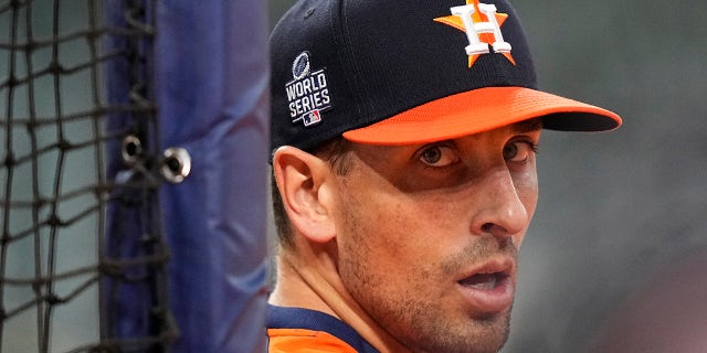 Houston Astros catcher Jason Castro watches during batting practice before Game 1 of the World Series against the Atlanta Braves Tuesday, Oct. 26, 2021, in Houston.