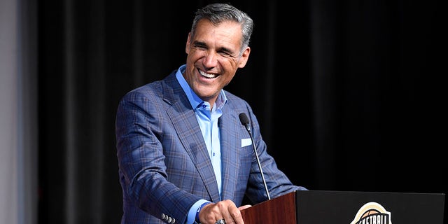 Villanova NCAA college basketball head coach Jay Wright speaks at a press conference for the Basketball Hall of Fame in the Mohegan Sun on Friday, September 10, 2021 in Connecticut
