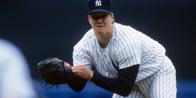 Jim Abbott #25 of the New York Yankees, pitches during a game in the 1993 season at Yankee Stadium in Bronx, New York.