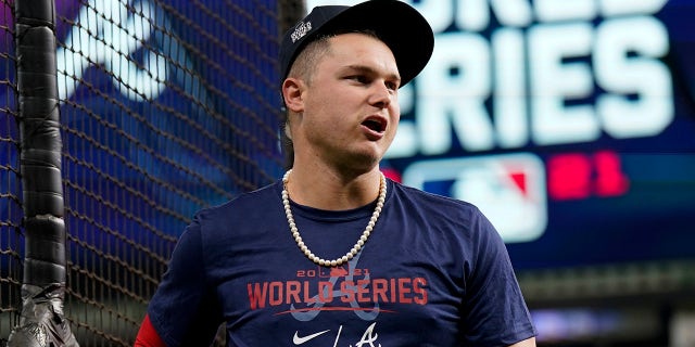 Atlanta Braves right fielder Joc Pederson watches during batting practice Monday, Oct. 25, 2021, in Houston, in preparation for Game 1 of baseball's World Series tomorrow between the Houston Astros and the Atlanta Braves.