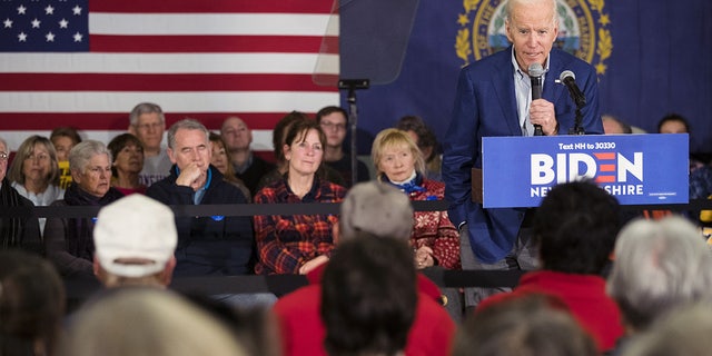 Joe Biden speaks at a get-out-the-vote event in Gilford, New Hampshire, on Feb. 10, 2020.