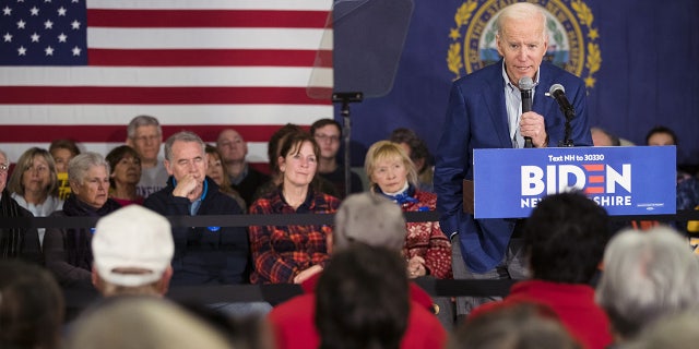 Joe Biden speaks at a get-out-the-vote event in Gilford, New Hampshire, on Feb. 10, 2020.