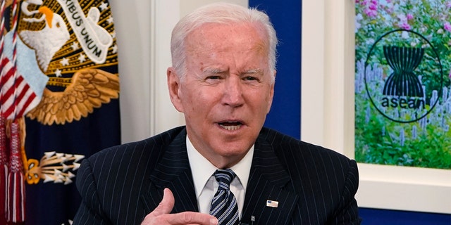 President Joe Biden participates virtually in the U.S.-ASEAN Summit from the White House complex in Washington, Tuesday, Oct. 26, 2021. (AP Photo/Susan Walsh)