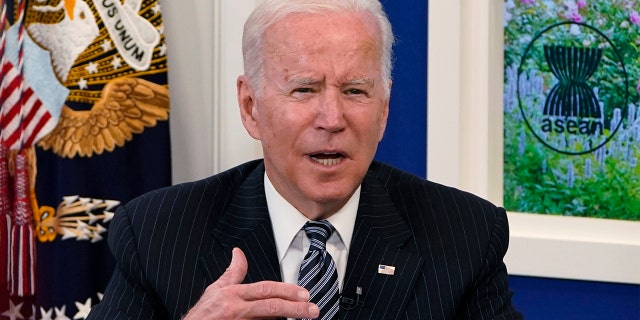 President Joe Biden participates virtually in the U.S.-ASEAN Summit from the White House complex in Washington, Tuesday, Oct. 26, 2021. (AP Photo/Susan Walsh)