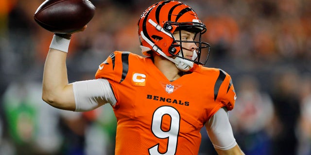 Sep 30, 2021; Cincinnati, Ohio, USA; Cincinnati Bengals quarterback Joe Burrow (9) throws during the first quarter against the Jacksonville Jaguars at Paul Brown Stadium.