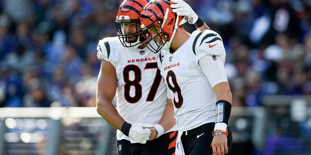 Cincinnati Bengals tight end C.J. Uzomah (87) and quarterback Joe Burrow (9) react after they connected for a touchdown pass during the second half of an NFL football game, 星期日, 十月. 24, 2021, in Baltimore.